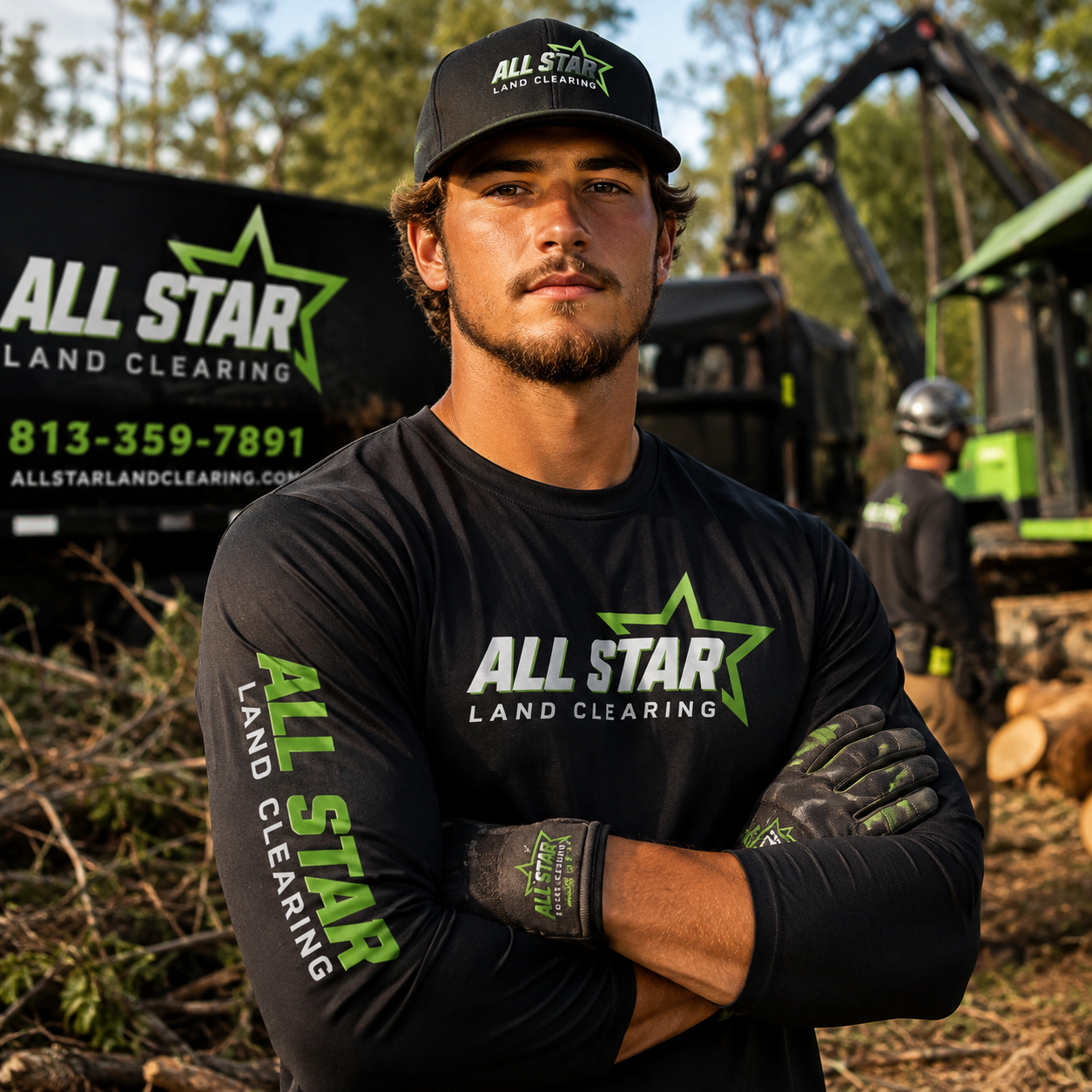 AllStar Land Clearing crew member in branded gear in front of a forestry mulcher and dump truck