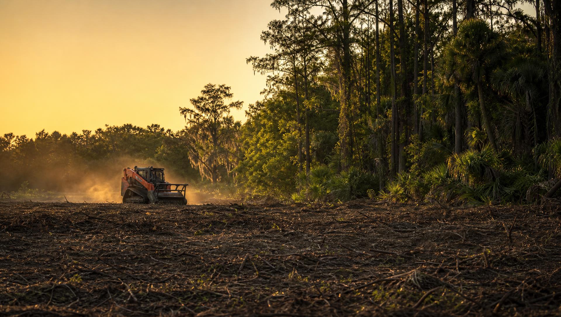 Skid steer with forestry mulcher clearing a Florida property at golden hour